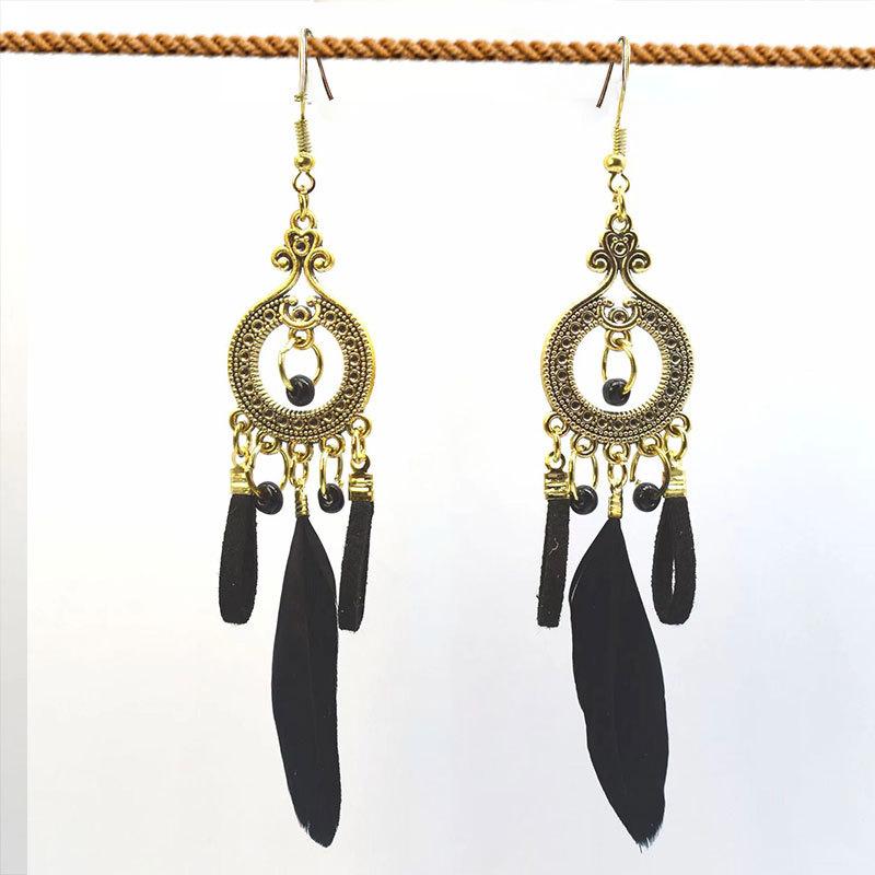 Ethnic Style Long Feathered Fringed Earrings Retro Bohemian Travel Auction Earrings Jewelry