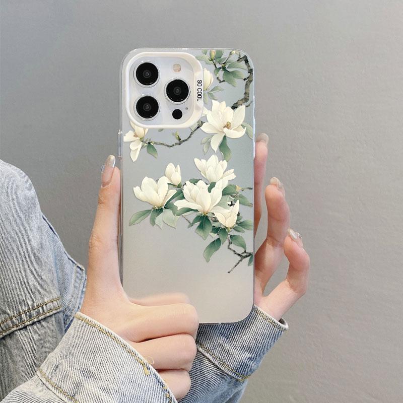 

White Magnolia Oriental Art Gradient Style Phone Case for iPhone 17 16 15 14 13 12 11Series Pro Max Plus Double Layer Protection iphone 16 Plus