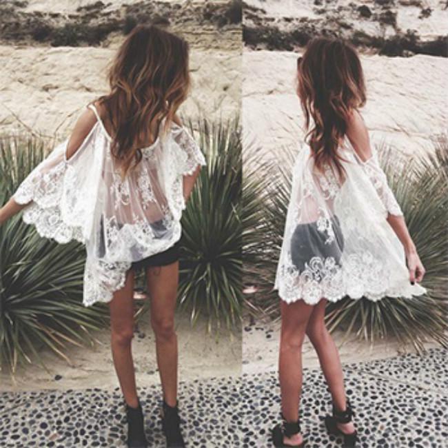 Women Beach Sexy Strap Sheer Floral Lace Embroidered Crochet Summer Hippie Dress