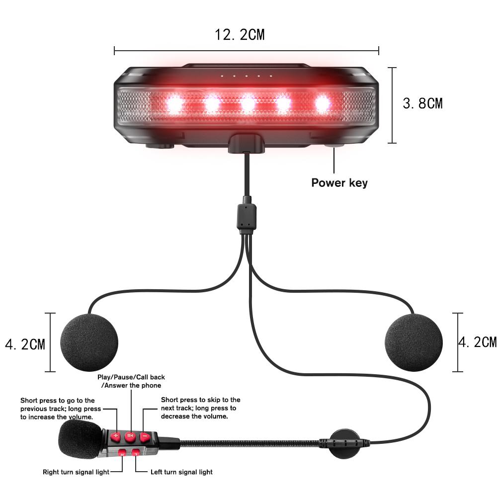 BT80 2-in-1 Bluetooth 5.4 Motorcycle Helmet Headset with Rear Warning Tail Light Waterproof Auto Answer 2000Mah Battery Earphone