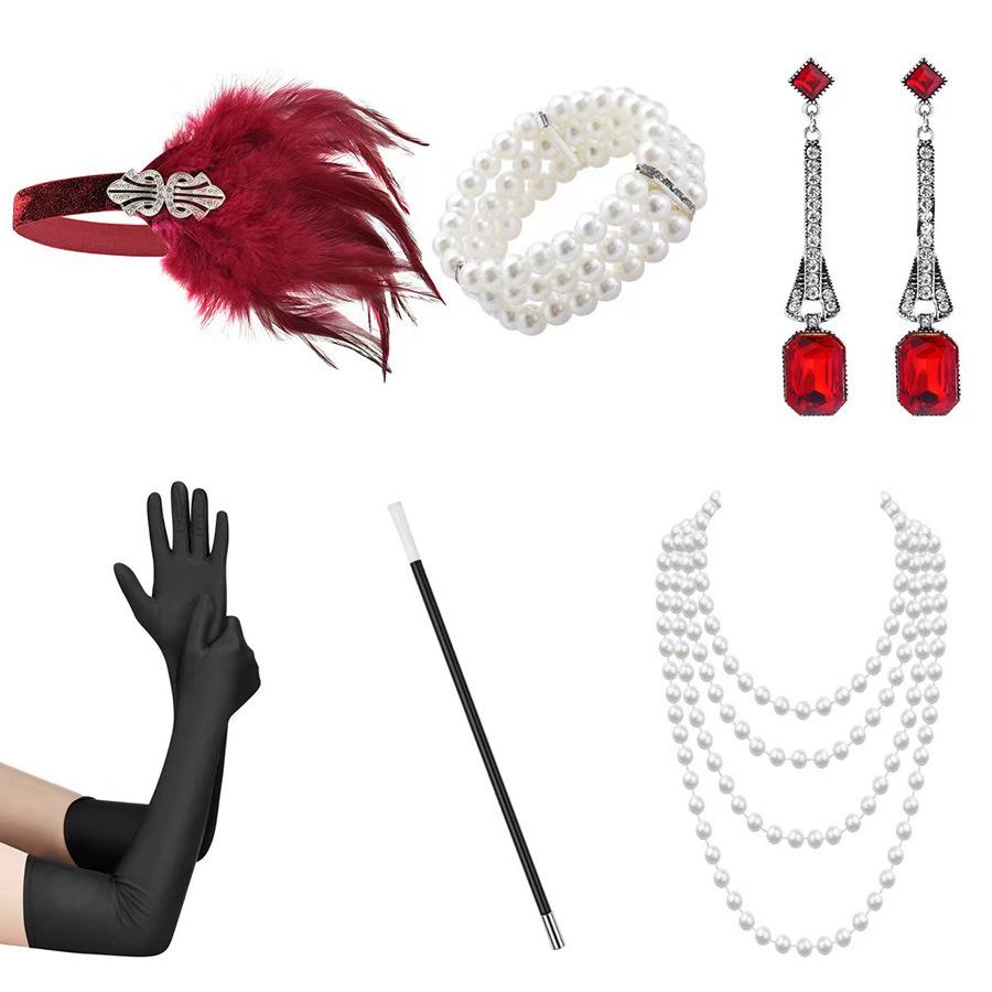 

Красный перьевой головной убор 1980-х годов, набор повязки на голову, серег и ожерелья для маскарадов и девичников