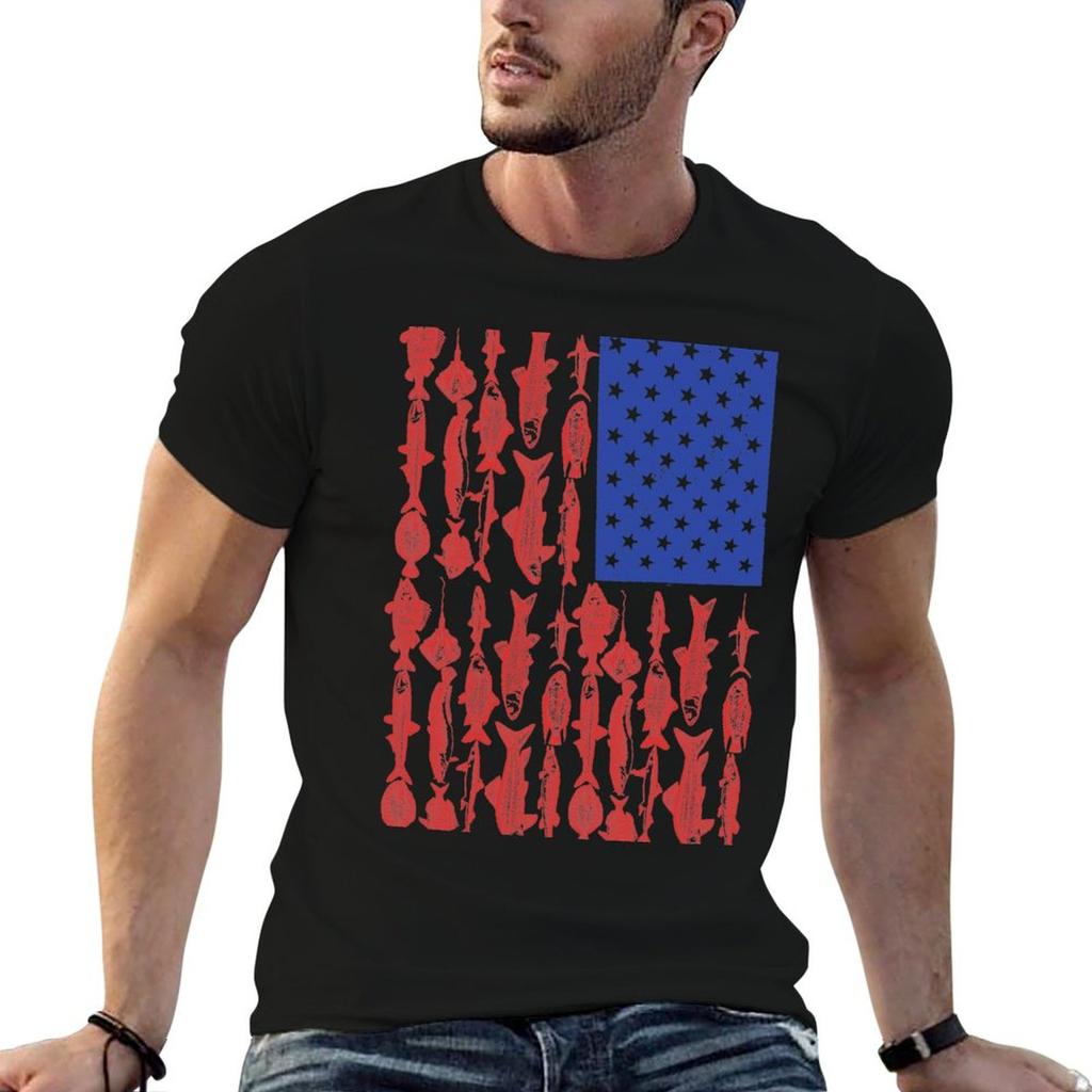American Flag Fishing Design Tshirt Basic Simple Casual Short Sleeve Tee