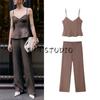 Summer New Women Clothes V-neck Sleeveless Solid Short Sling Top + High Waist Straight Casual Trousers Set