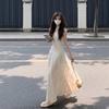 New Chinese Beige Suspender Dress Women's Summer New Small Seaside Vacation Ruffle Leaf Edge Dress