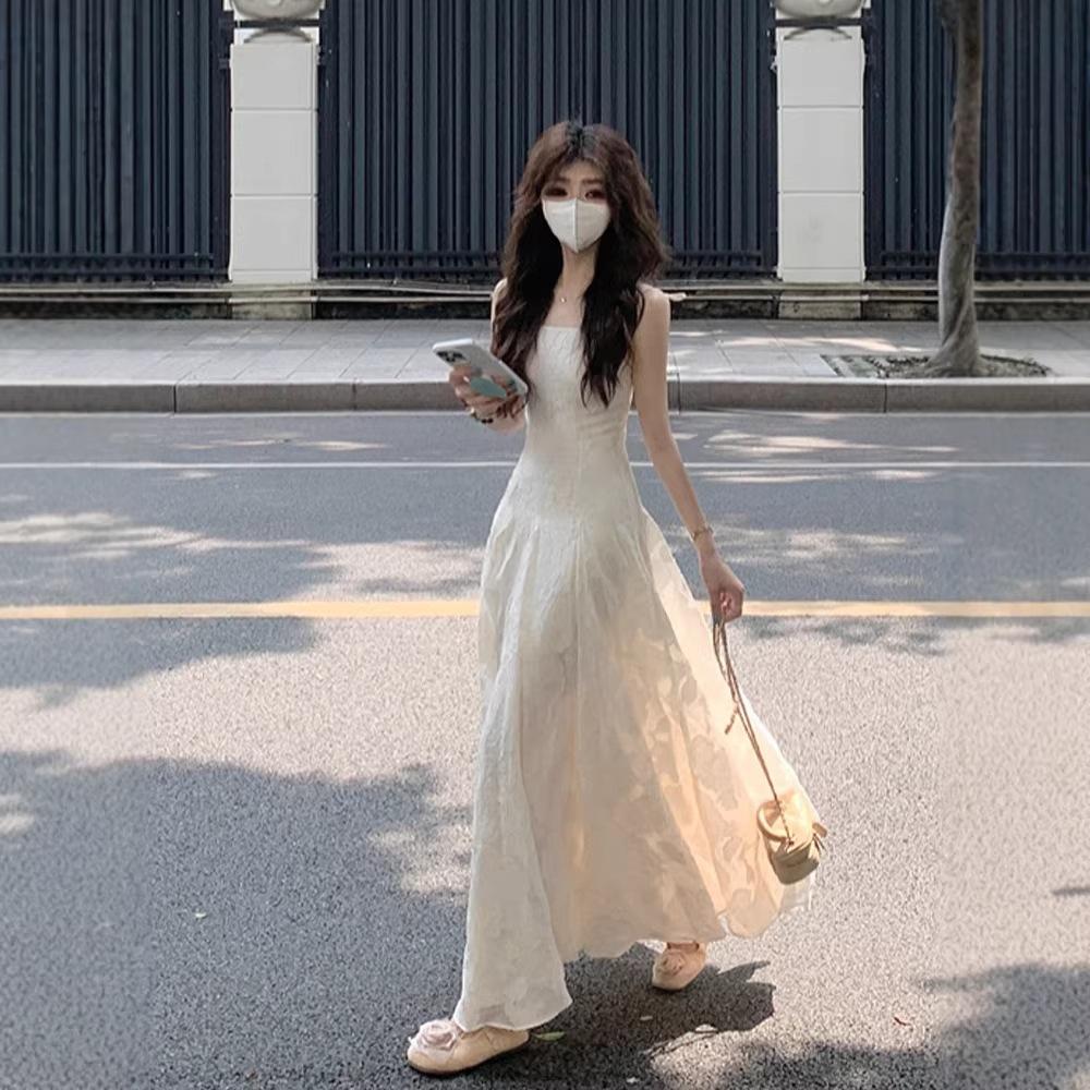 New Chinese Beige Suspender Dress Women's Summer New Small Seaside Vacation Ruffle Leaf Edge Dress