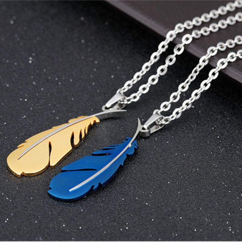 SCIONE Classic Titanium Steel Necklace Feather Pendant Pure Steel with Chain Couple Necklace