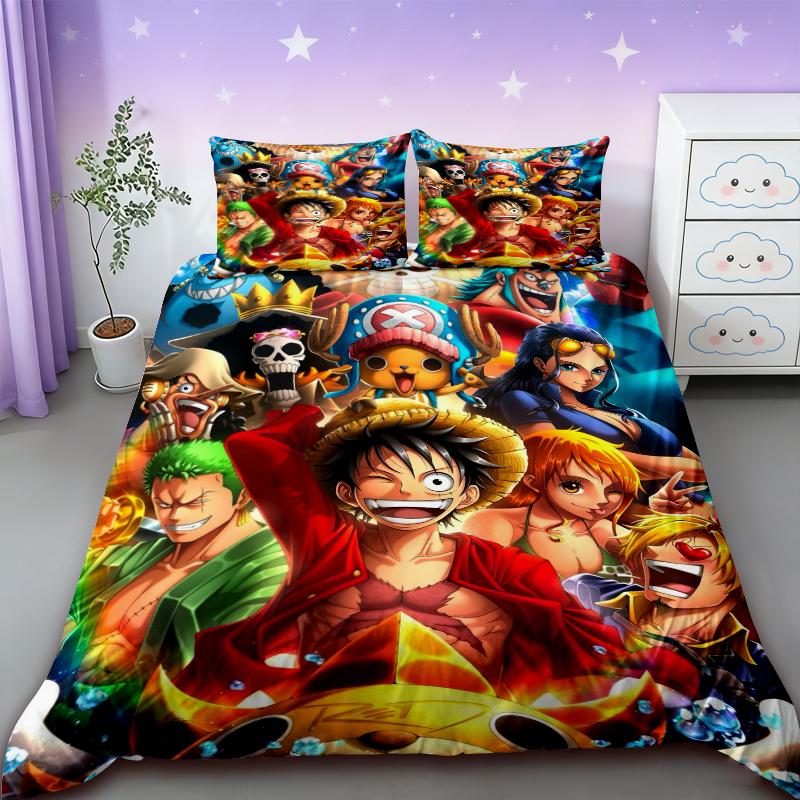Duvet Cover One Piece Kids Cartoon Luffy Bedding Set with 2 Pillowcases Soft and Cozy Bedroom Bed Decor Teens Boys Best Gifts