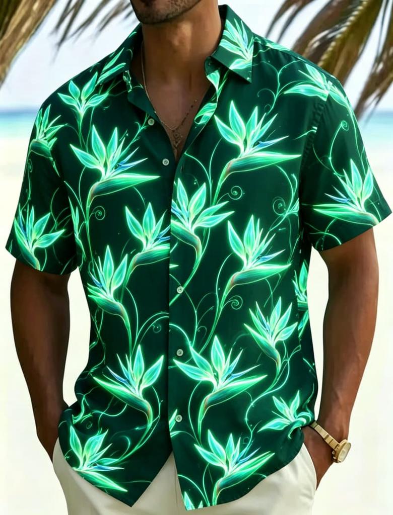 Herren Hemd mit Neon Tropischem Blumenmuster, Lässig, Personalisierter Sommerstil, Geeignet für Nachtreisen, Poolpartys Und Täglichen Gebrauch