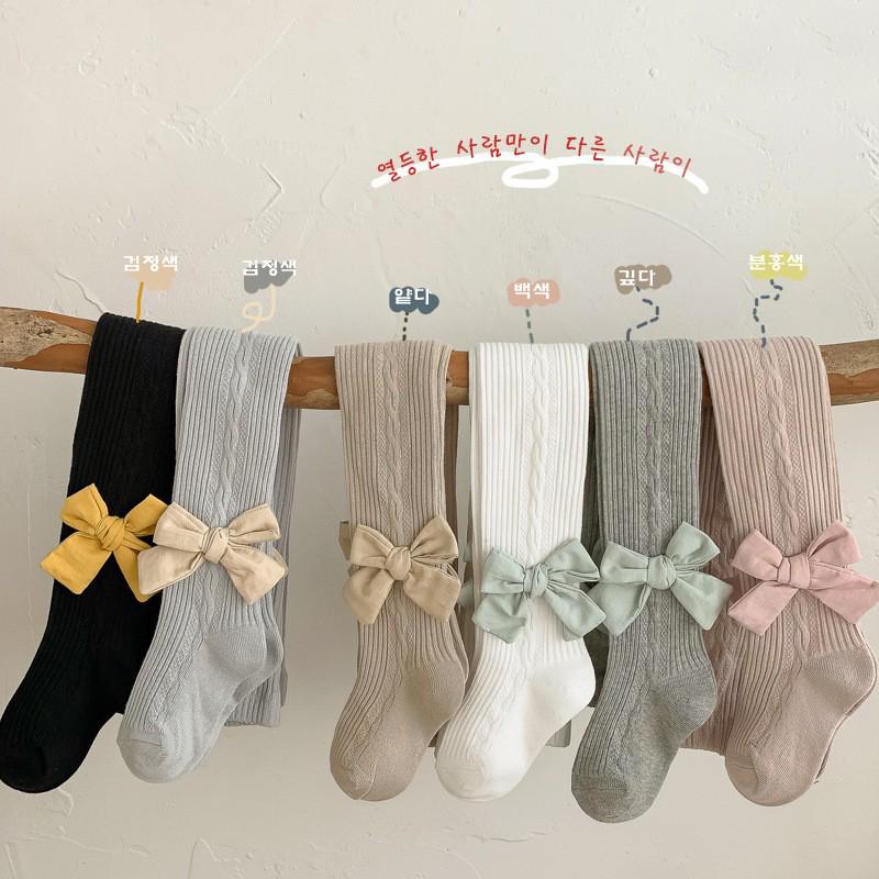 2024 Spring & Autumn Cable Knit Bow Leggings for Girls - Striped Tights with Open Crotch