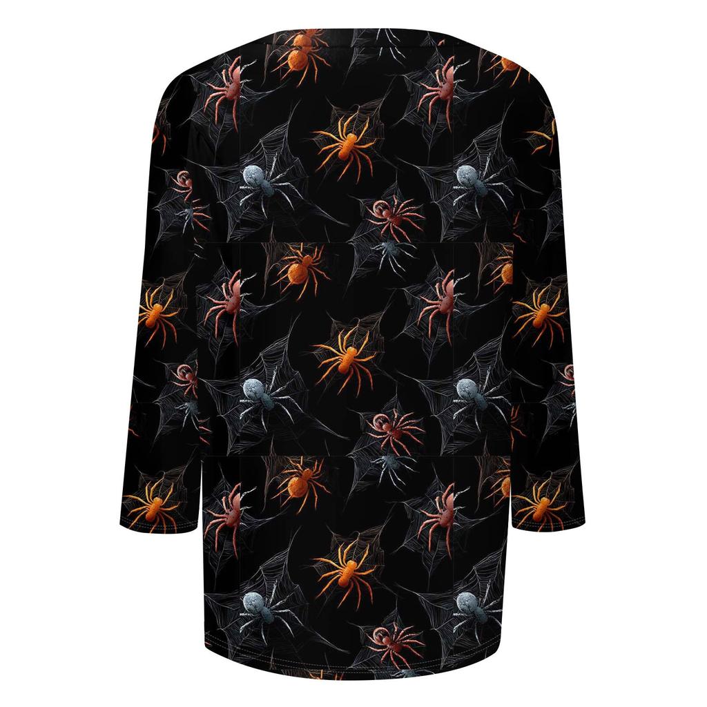 Dámské módní ležérní tričko s tříčtvrtečním rukávem a halloweenským potiskem, s kulatým výstřihem