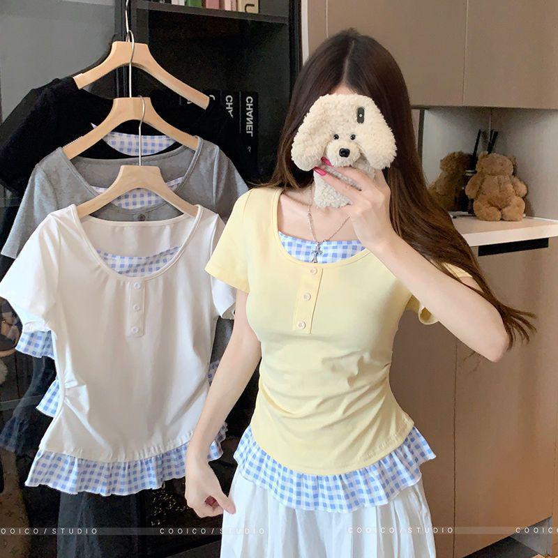 Women's Plus Size Summer Patchwork Faux Two-Piece Short Sleeve T-Shirt - Slimming Loose Fit