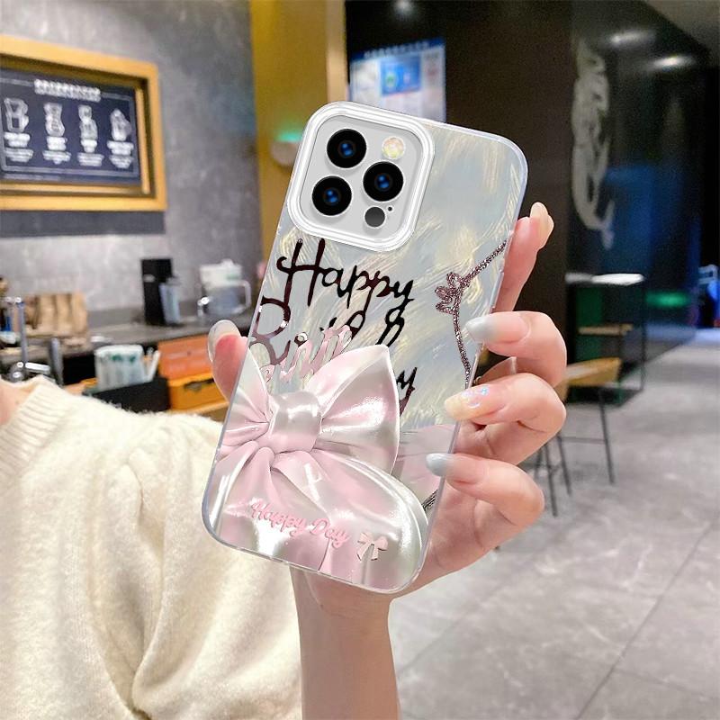 Upgraded Glitter Silver Case Happy Birthday Bowknot Printed Protective Shell Shockproof Full Back Cover for iPhone Samsung