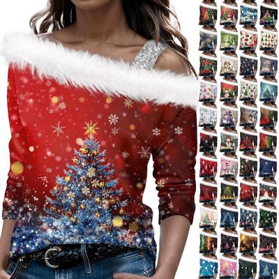 Women's Autumn And Winter Long Sleeved Single Shoulder Strap Christmas Print Pullover Top