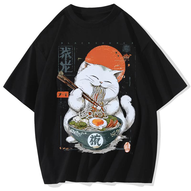 

Cute Ramen T Shirts for Men Japanese Cat Tshirt Summer Cotton Short Sleeve Graphic Print T Shirts Unisex Clothing Cartoon S