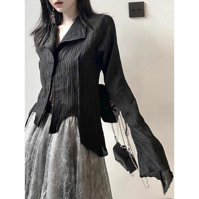 Blusa Vintage de Color Sólido para Mujer Primavera Manga Larga Ajustada Tops Irregulares