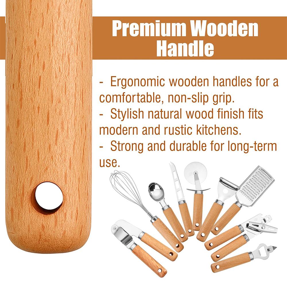 LMETJMA Stainless Steel Kitchen Gadget Set Western Cooking Utensil Tool with Wooden Handle Included Pizza Cutter Garlic Press