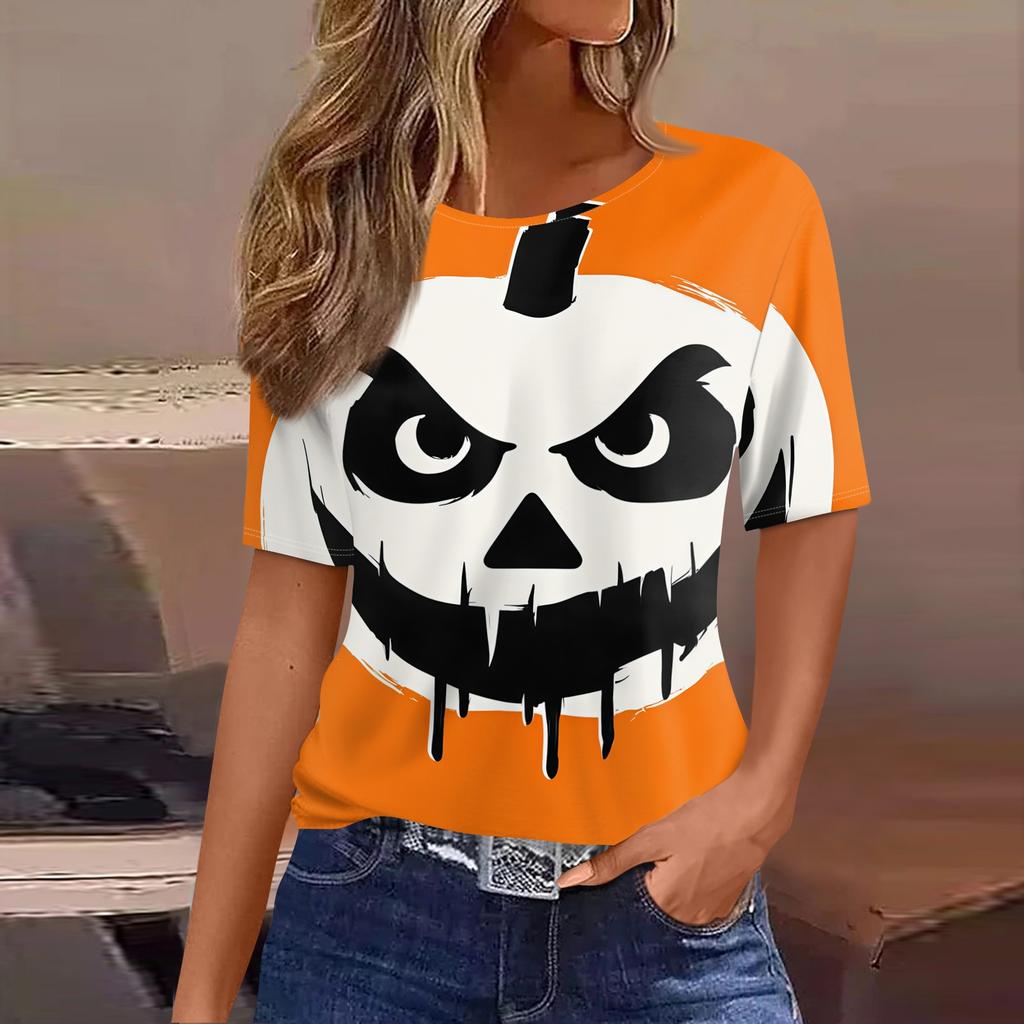 Women's Casual Halloween Short Sleeve Pullover Top Bat Pumpkin Print Round Neck Relaxed Fit Shirt for Fall
