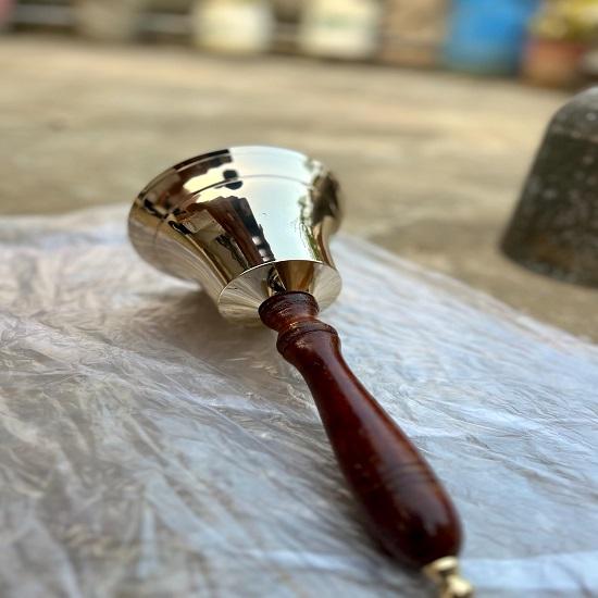 Polished Brass Hand Bell with Dark Wood Handle  Nautical Decor