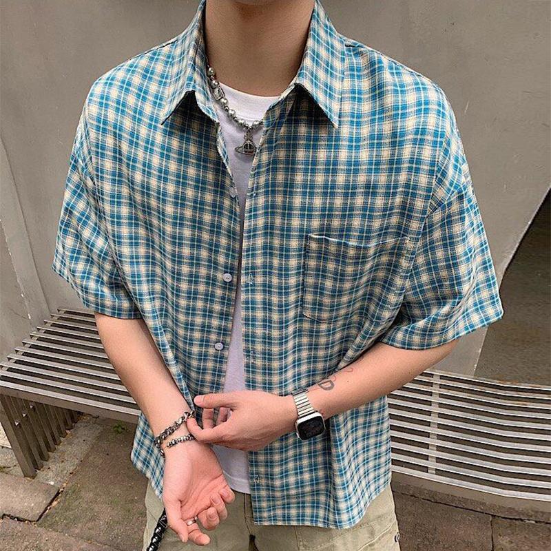 Summer Stylish Short Sleeve Shirt Men's Streetwear Vintage Button Up Turn Down Collar Shirts Trendy Men Plaid Printed