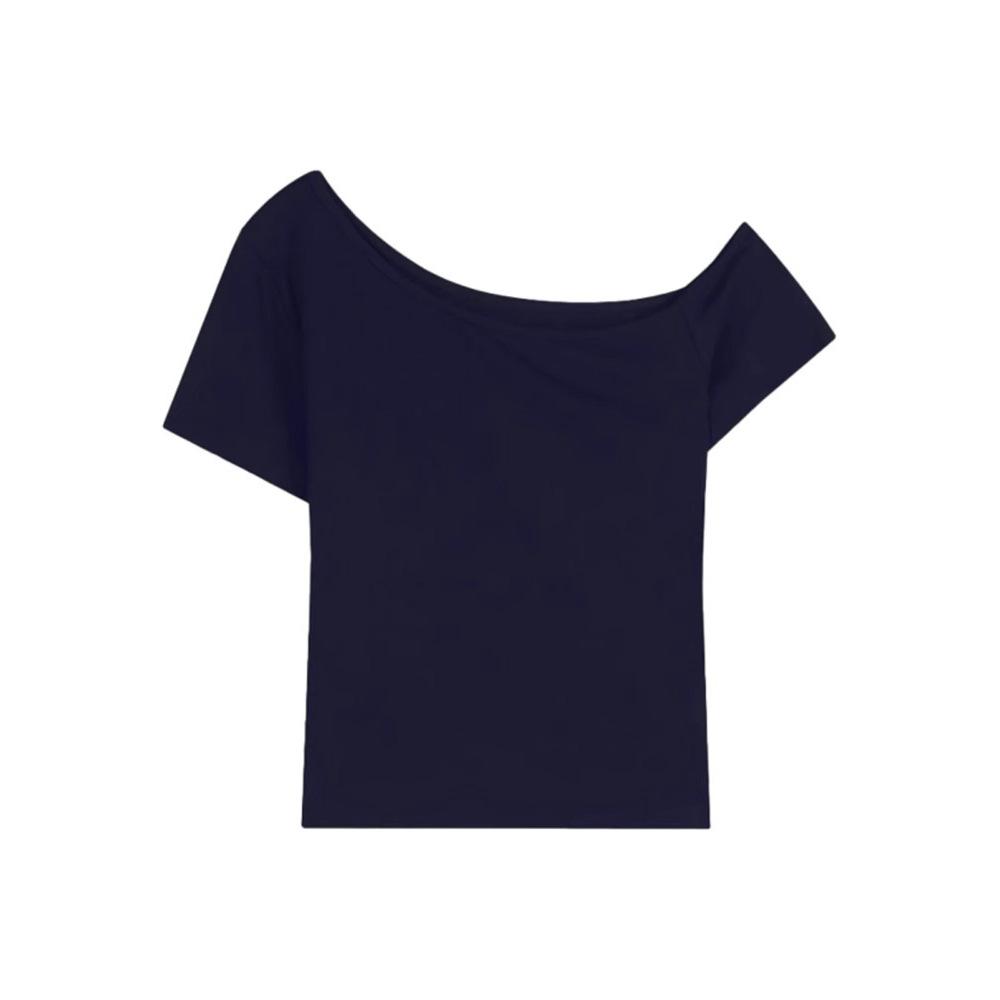 One-word slanted shoulder short top women's elastic waist pinched shoulder T-shirt summer gentle atmosphere short-sleeved Spice Girls shirt