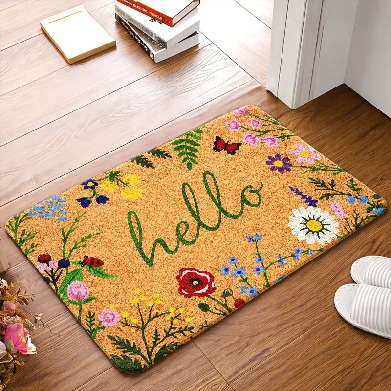 Vintage Floral Hello Doormat Non-Slip Washable Stain-Resistant Floor Mat for Front Door Home Decor