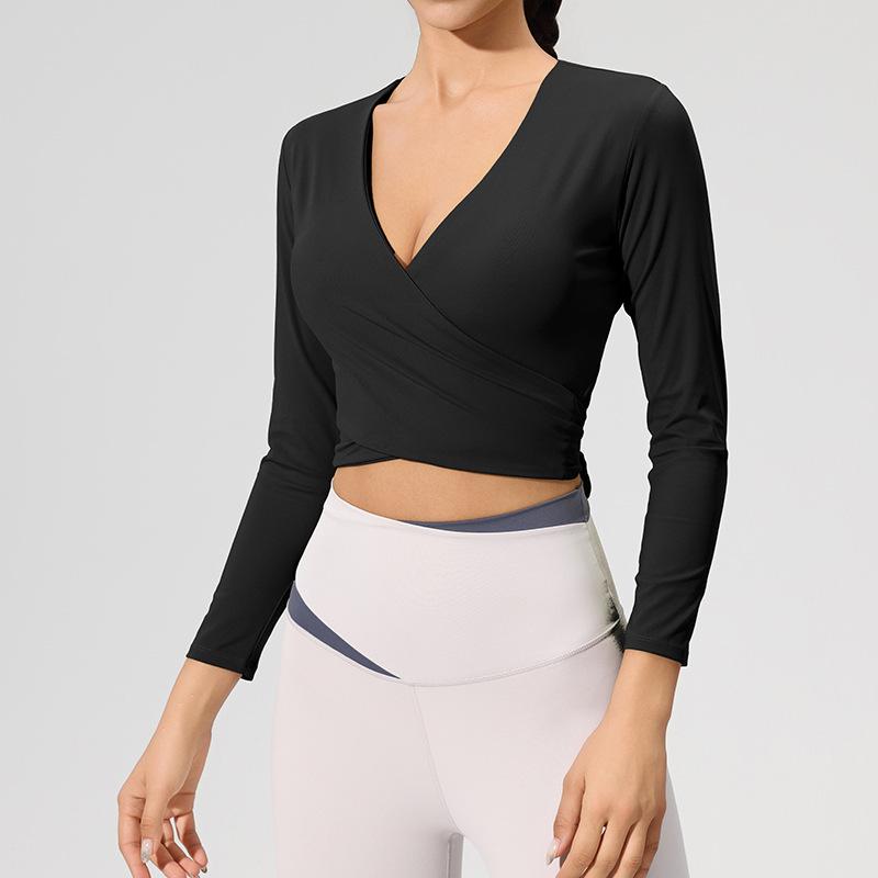 

Женский кроп-топ с длинным рукавом и нагрудными вкладышами - Сексуальная облегающая одежда для йоги и фитнеса S (42.5-47.5 kg) чёрный