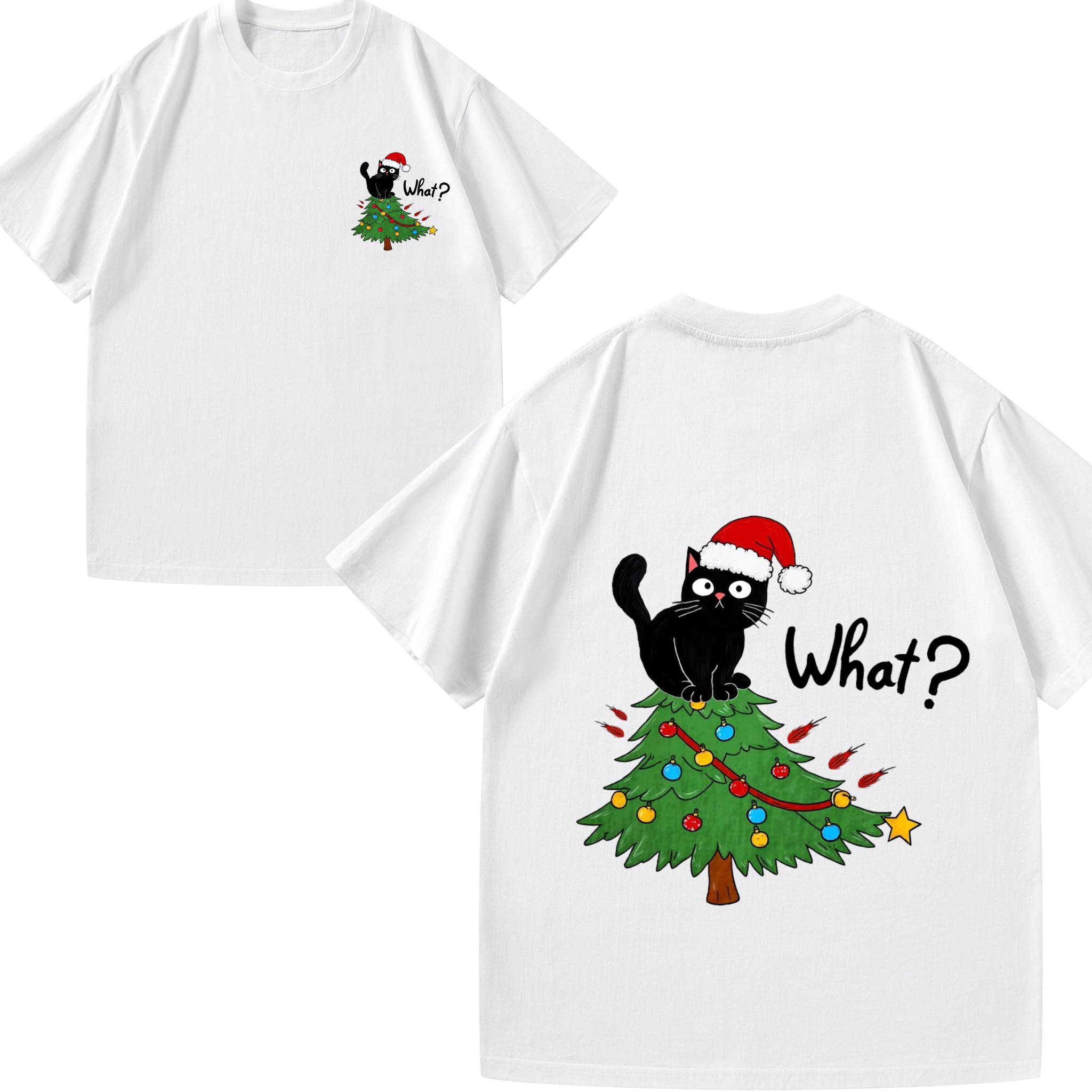 Mens TShirt Black Printed Cat on Christmas Tree with What Text for Xmas Party Festival Holiday Gift Idea S
