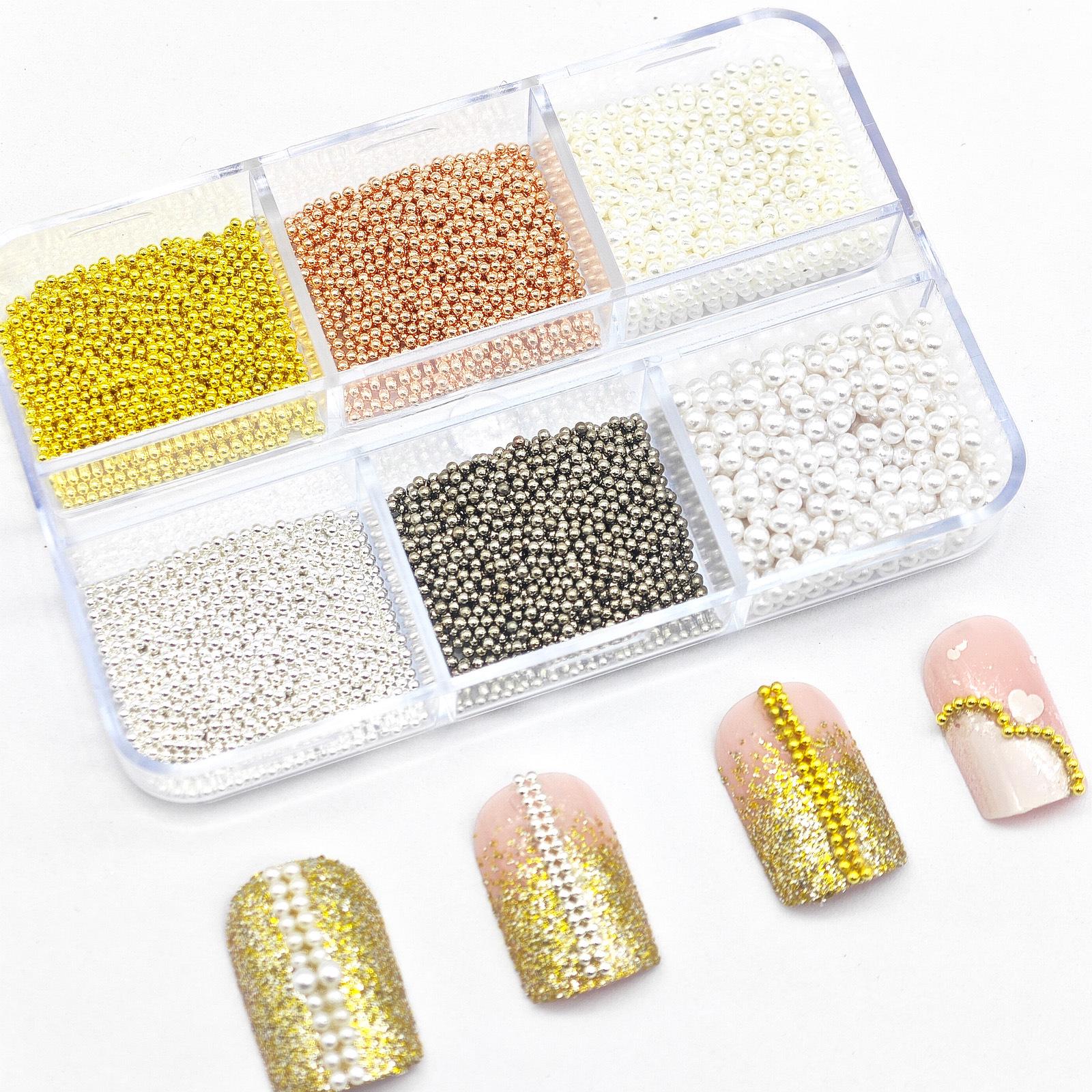 

6-Grid Mixed Nail Art Beads Box: Gold, Silver, Caviar & Pearl Decoration