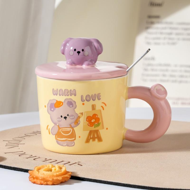 

Кружка Цветочный медведь Бытовая детская кружка с крышкой и ложкой, парная кружка для завтрака, керамическая кружка, милая кружка для воды с медвежонком 420ML