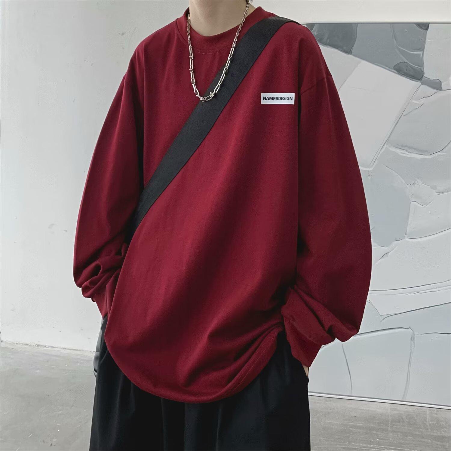 

2024 Мужская футболка с длинными рукавами Осенняя майка с длинными рукавами Хлопок Осенний Гонконгский стиль Печать Свободный модный топ 8XL вино красного