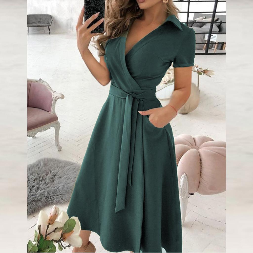 Mote kvinners fritidsjakke Ensfarget kortermede kjoler lange