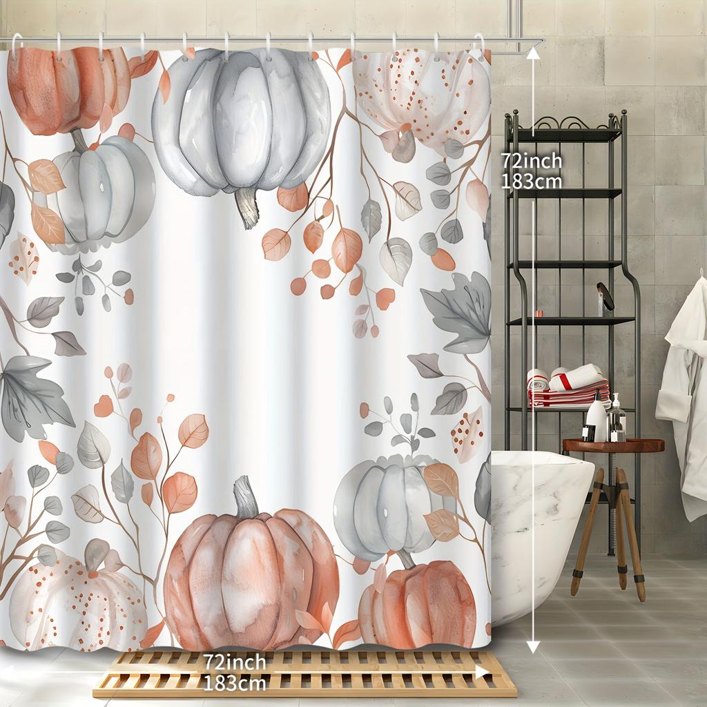 1 Piece Vintage Watercolor Pumpkin and Leaves Thanksgiving Shower Curtain - Polyester Fabric with Hooks for Bathroom Decoration