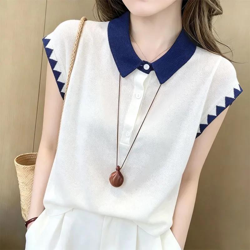 Women s White Navy Contrast Collar Triangle Trim Sleeveless Half Button Polo Knit Vest M