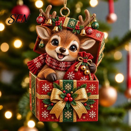 Small Animal Gift Tags for Christmas Forest Ornament, 2D Flat Acrylic Fox Reindeer Squirrel Raccoon in Tree Decoration Set Box Hanging Xmas