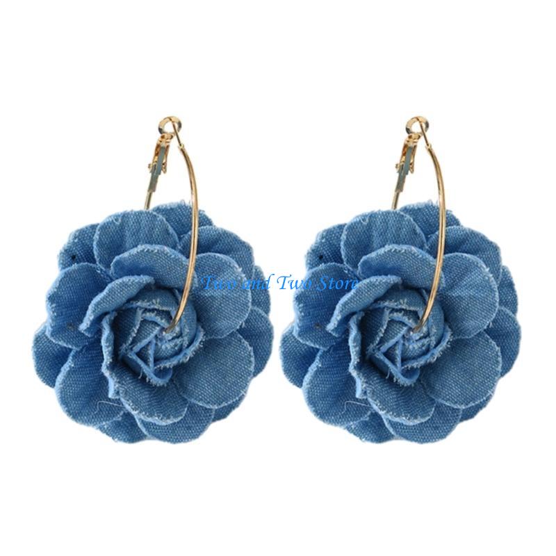 HX6F Handmade Camellia Flower Earrings Lightweight Blue Floral Long Eardrop Accessory