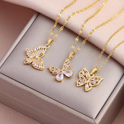 New In Sparkly Zircon Crystal Butterfly Pendant Necklaces For Women Fashion Light Luxury Gold Stainless Steel Neck Chain