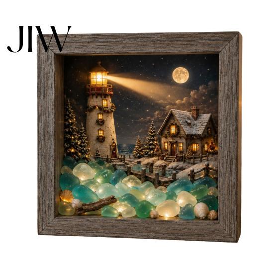 Winter Birthday Present Christmas Snowy Night Light Picture Frame, Vintage Wooden Frame 3D Mini Retro Wood Photo Landscape Lamp, Desktop Atmosphere
