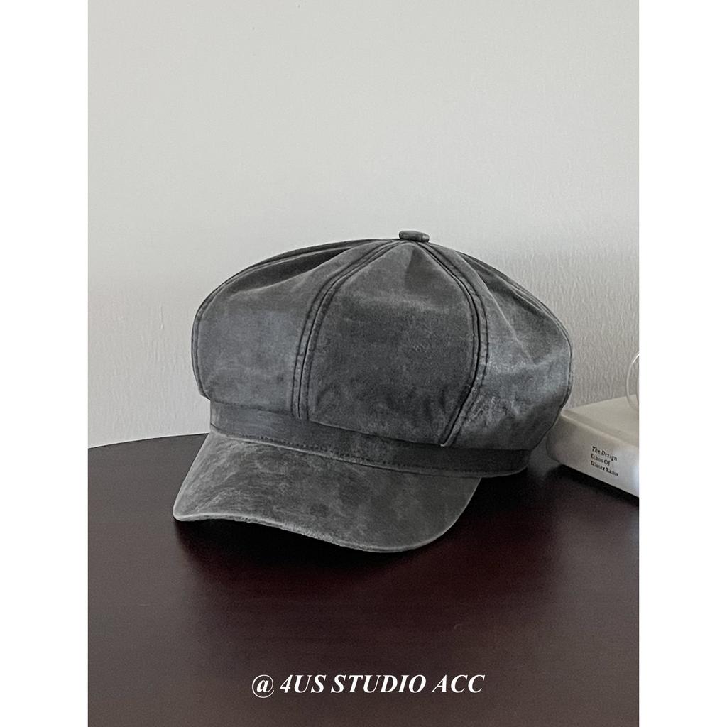 Autumn New Style Retro Aged Leather Washed Octagonal Hat for Women British Style Painter Hat Street Style Newsboy Hat Showing Small Face