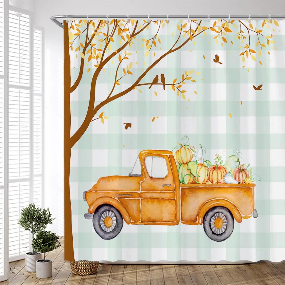 Fall Shower Curtain Set Autumn Forest Landscape Maple Leaves Fabric Decor Bath Curtain Thanksgiving Scenery Pumpkins Harvest