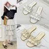 Fashion Women Slides Faux Pearl Decor Ruffle Trim Sandals Open Toe Wear-resistant Flat Slippers Summer Sandy Beach Sandals Women Shoes