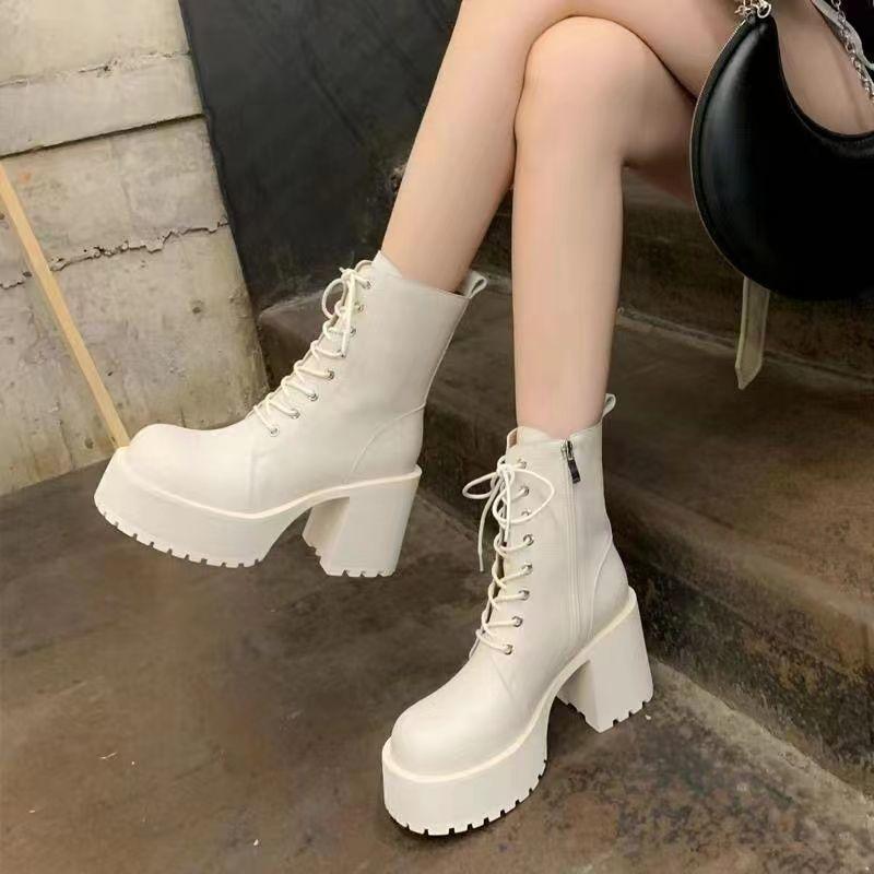 Round head thick heel lace-up Martin boots high heel waterproof platform platform platform short boots small retro white soft leather boots women