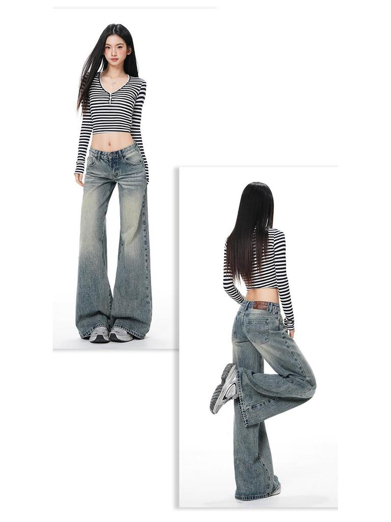 Low-rise, slimming, loose, wide-leg, slightly flared bell-bottom jeans for girls and women, perfect for spring.