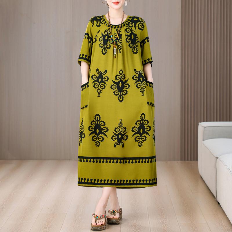 Plus Size Elegant Long Dresses for Women Clothes Loose Short Sleeve Vintage Summer Dress
