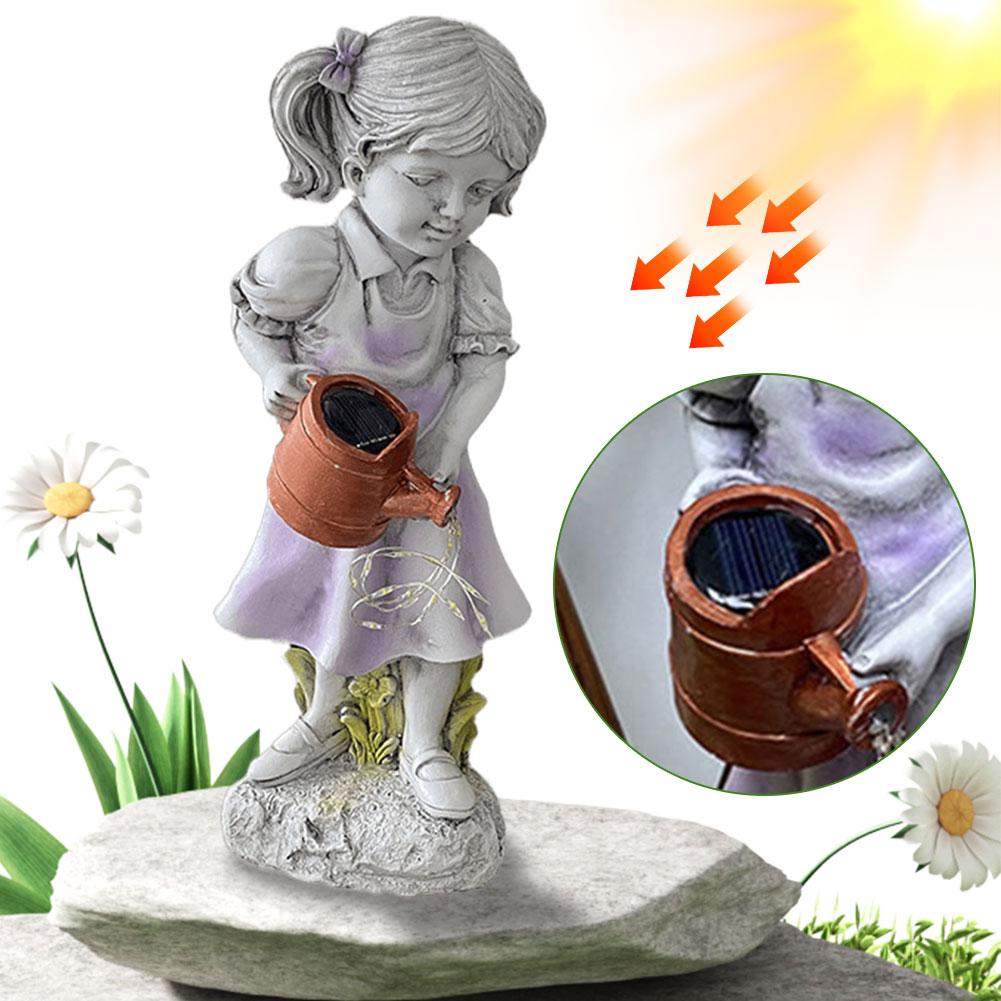 Solar Powered Girl Figurine Light Waterproof Girl Watering Pot Sculpture Creative Girl Watering Can Decor Courtyard Decoration