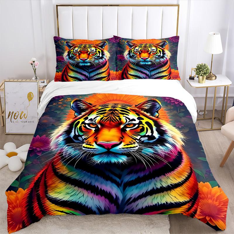 3pcs Colorful Tiger Print Duvet Cover Set -Includes 1 Duvet Cover and 2 Pillowcases, No Quilt Core, All-Season Home Decor  Yy251111207