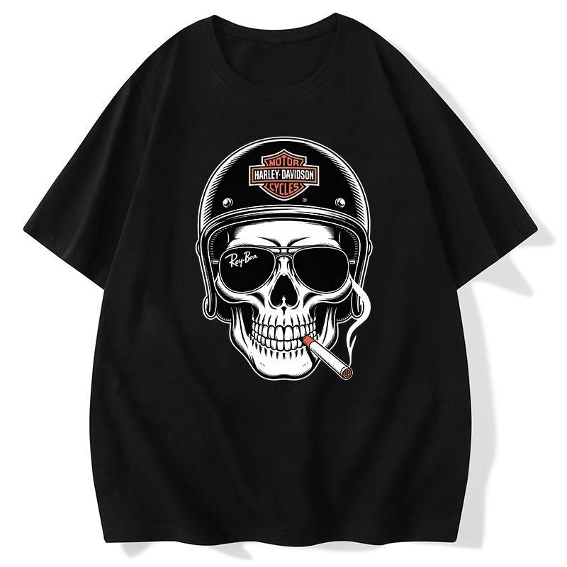 2026 New Retro Skull Sunglasses Riding Culture Print High Quality Unisexs and Womens TShirts Round Neck Loose Short Sleeves