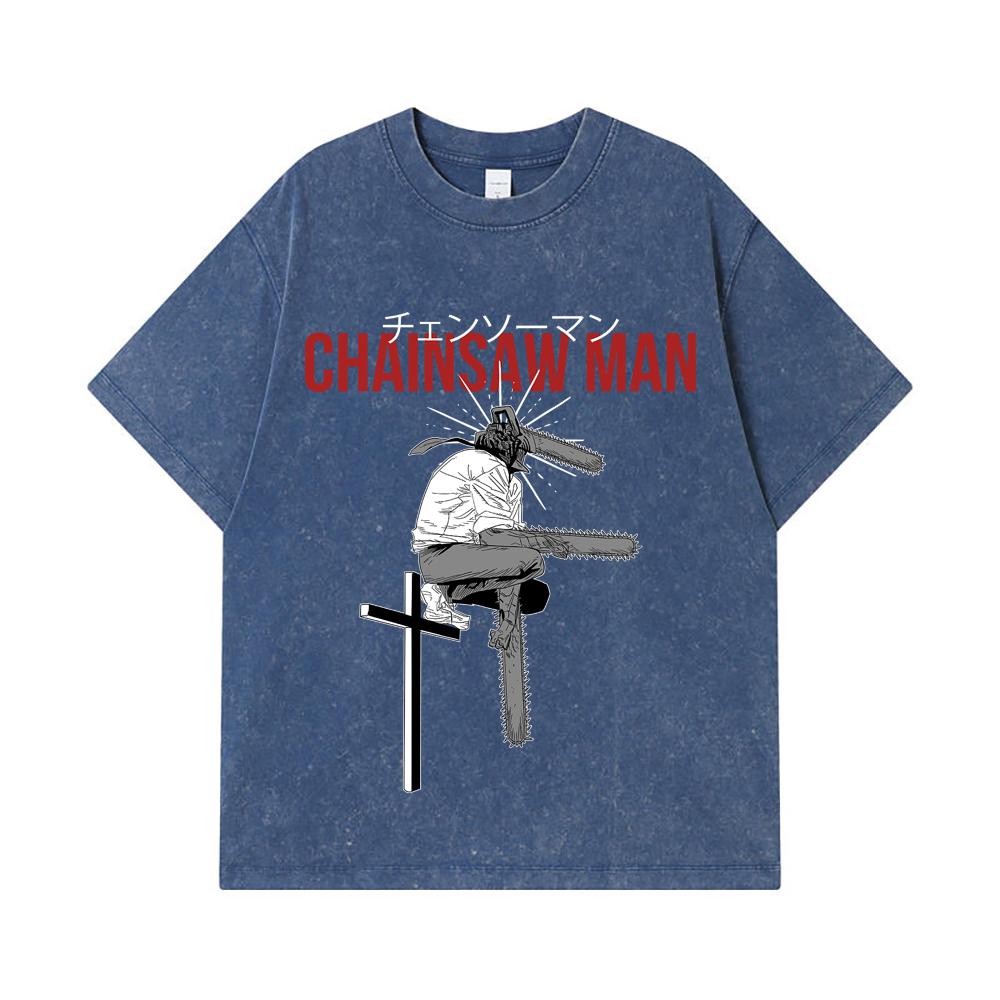 

275 GSM Washed T-shirts 100% Cotton Chainsaw Man V41 Denji Print Unisex Heavy Cotton T Shirt 2XL королівський синій колір