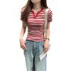 2025 Damen Sommer Schlank geschnitten Gestreiftes Colorblock Kurzarm Top
