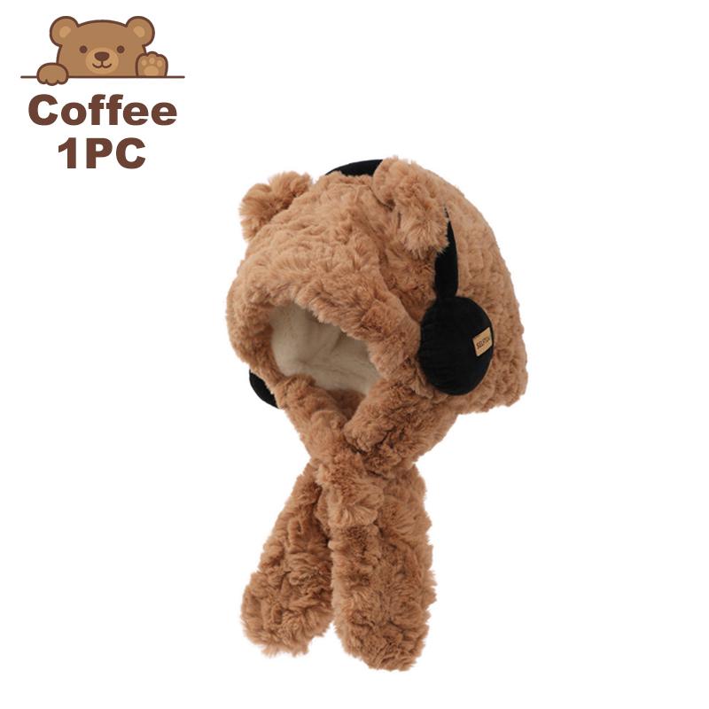 Bear with Headphone Hoodie Hat Scarf Set for Girls Winter Thickened Plush Earmuffs Warm Cap for Children Cute Outdoor Wear