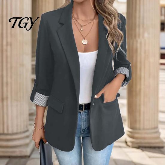 3/4 Sleeve Women Blazer Lapel Collar Blazer, Open Front Business Comfortable with Pockets Casual Suit Jacket, Office Work Short Button Jacket